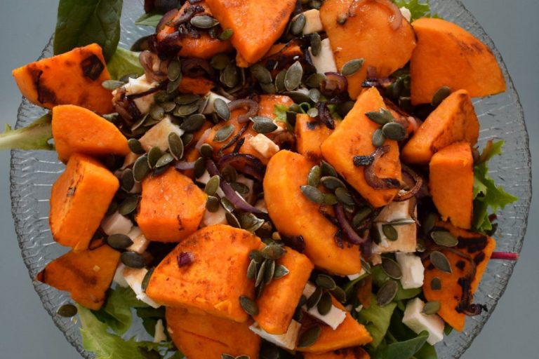 Close up view of Sweet potato and feta salad