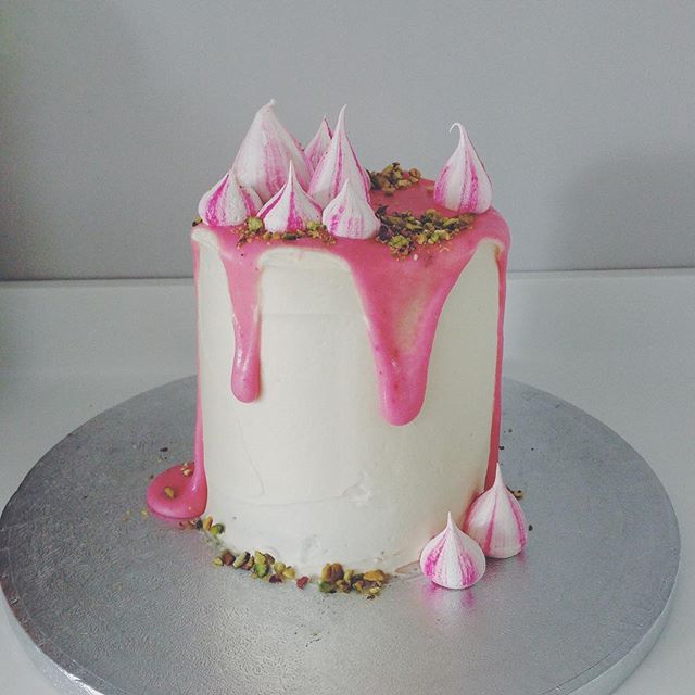 Image for Gluten Free Vanilla Bean Cake With Pistachios, Pink Drip And Meringue Kisses recipe by E L L E